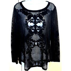 Whimsygoth Black Sheer Mesh Top Large Cache Overlay Soft Lightweight Long Sleeve